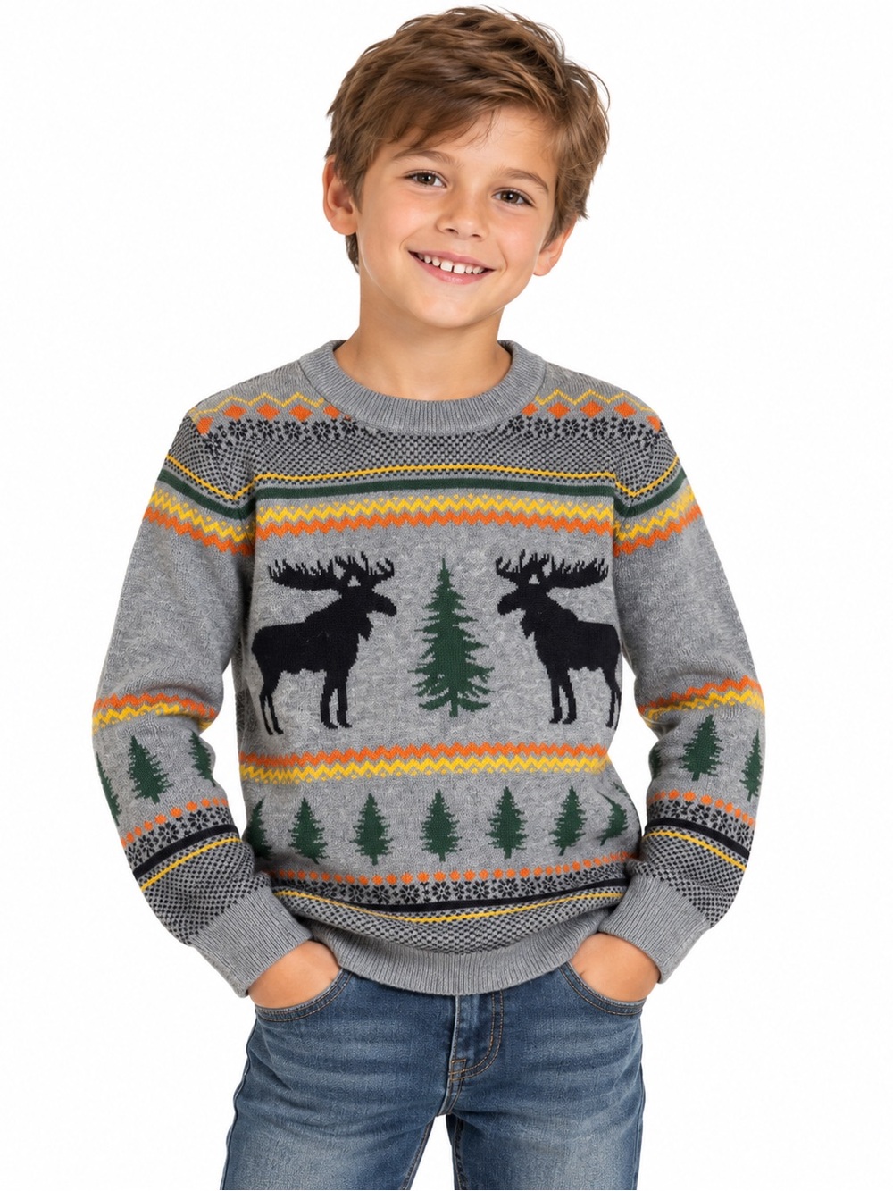 Andy & Evan Boys Moose Fair Isle Knit Sweater Size 7